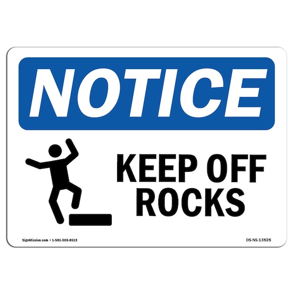 Safety Sign, OSHA Notice, 3.5" Height, Keep Off Rocks Sign With Symbol, Landscape, 10PK